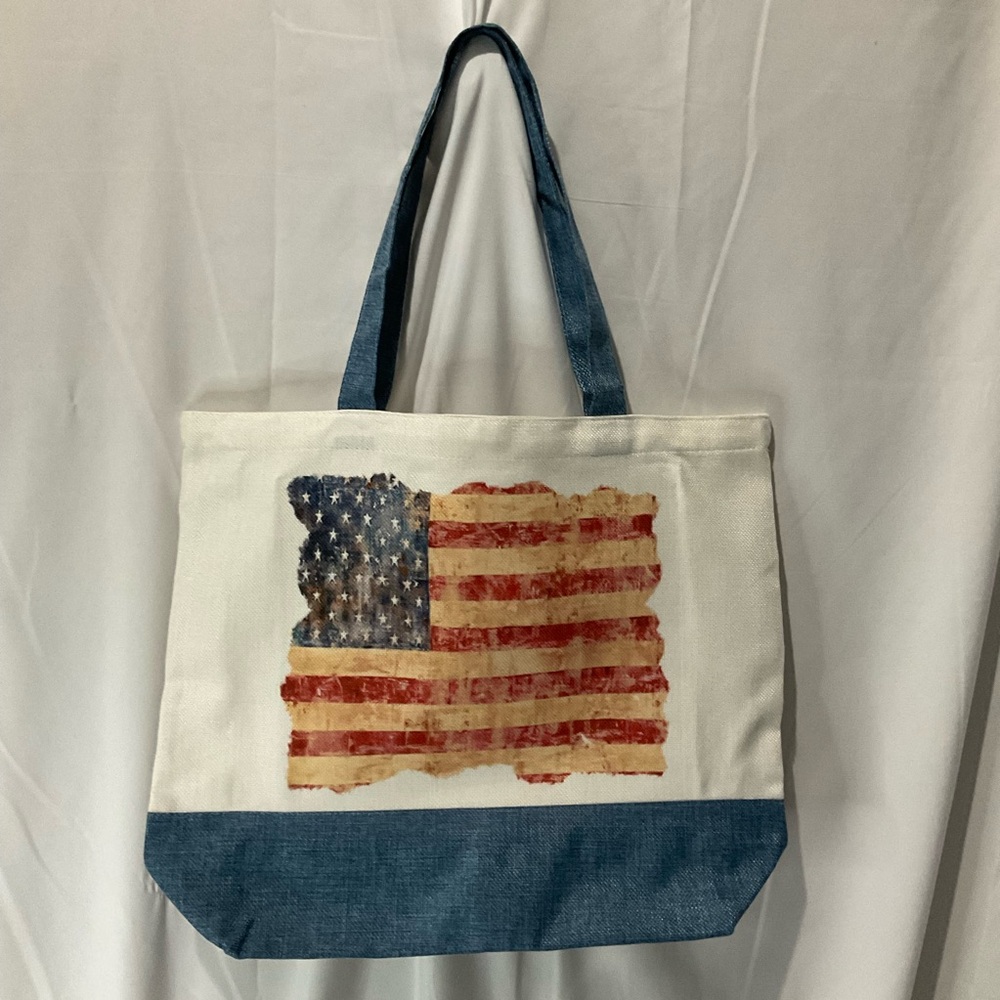 Distressed American Flag Large Canvas Capacity Tote Bag Blue Bottom 15 X 18 X 5